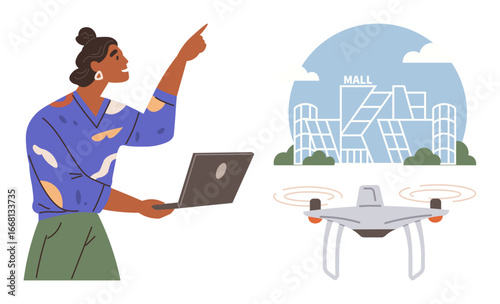 Woman using laptop to operate drone near a modern shopping mall. Ideal for technology, innovation, retail, surveillance, e-commerce, remote control, urban planning. Simple flat metaphor