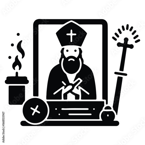 Iconic Symbolism of Orthodox Christianity Featuring a Saint Candle and Cross Staff in Black and White Representation
