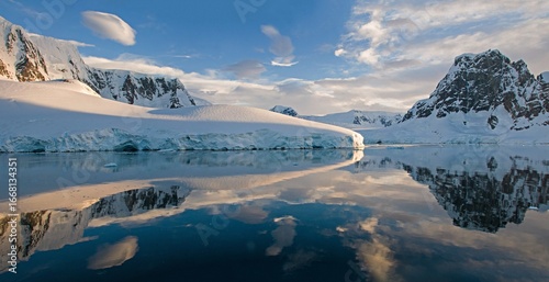 Scenic Antarctic Landscape with Snowy Mountains and Glaciers Reflected in Water