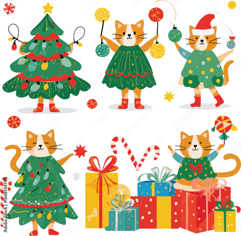 Fototapeta premium Cute Christmas Cats Celebrating Holiday Season with Gifts and Decorations
