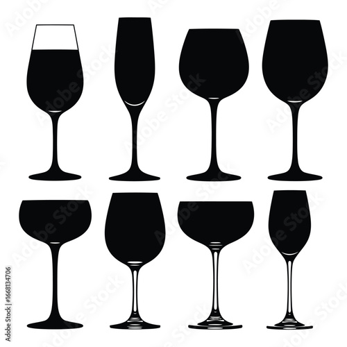 Collection of eight different elegant wine glass silhouettes isolated on for beverage and celebration themes silhouette