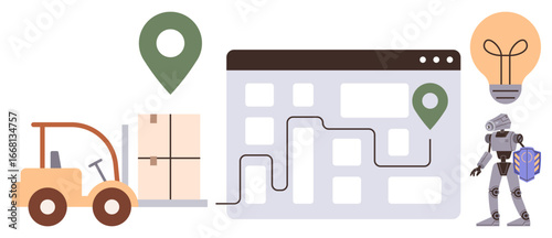 Forklift handling cargo, map with route markers, robot holding a package, lightbulb symbolizing innovation. Ideal for logistics, automation, supply chain, warehouse management, AI integration
