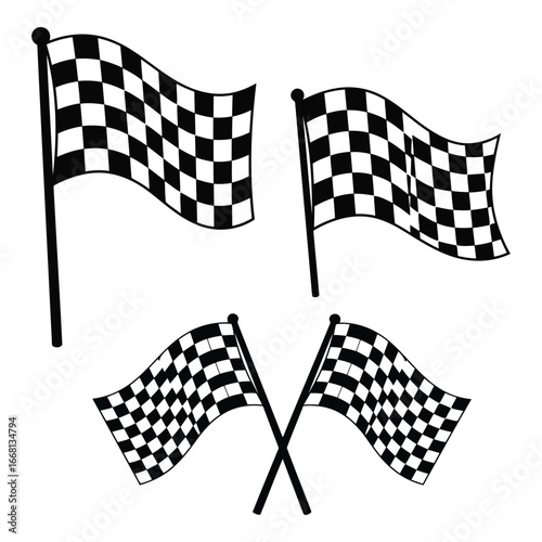 Set of chequered racing flags symbolizing victory speed and competition in motorsports events silhouette