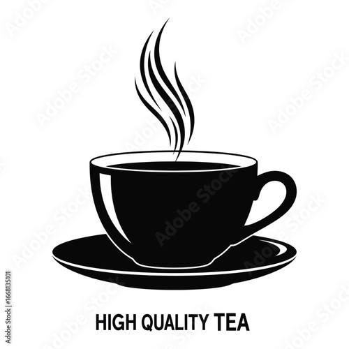 Steaming hot cup of black tea on saucer with high quality text beverage icon silhouette