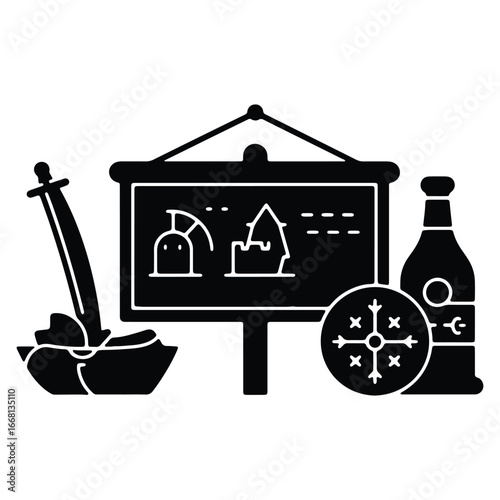 Norse Mythology Inspired Still Life Black and White Illustration Featuring a Sword Shield Mead and Ancient Knowledge Presentation