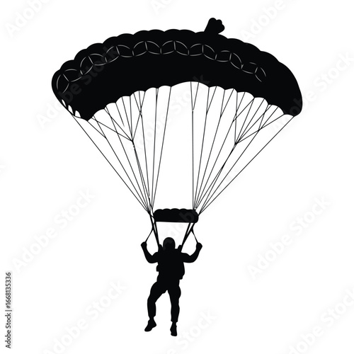 Silhouette of a skydiver descending under a parachute against a white backdrop silhouette