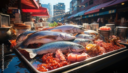 A bustling fish market in Tokyo, Japan