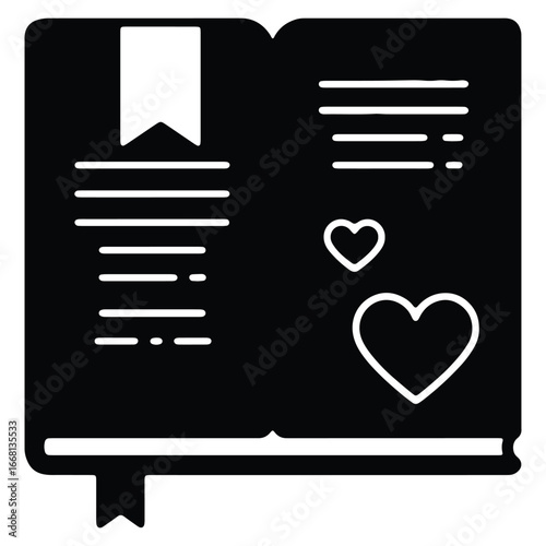 Opened book illustration with hearts and bookmark on black background symbolizing love stories and romantic literature for reading enthusiasts