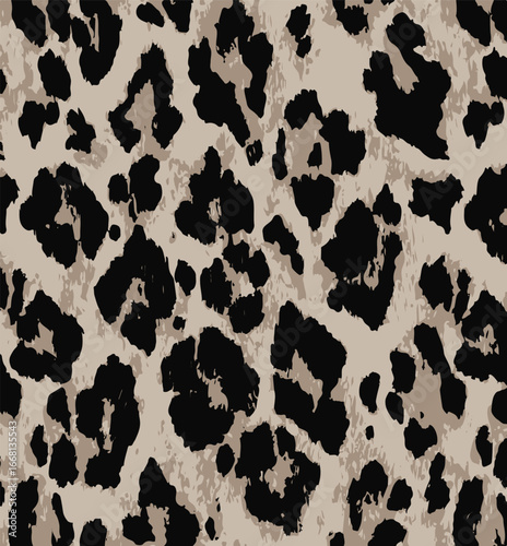Leopard print. Vector seamless pattern. Animal skin background with black and brown spots on beige backdrop. Abstract exotic safari texture. Jaguar, leo, puma cheetah fur pattern. Repeat design
