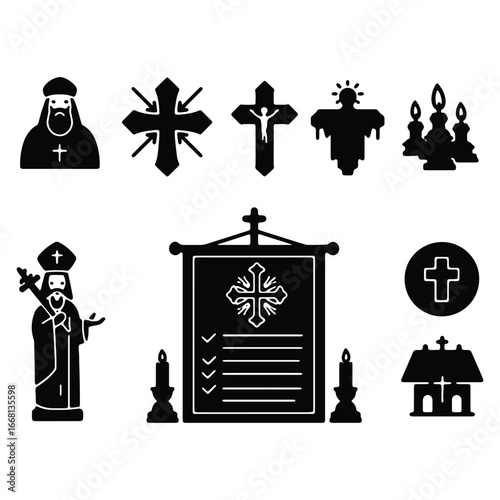 Orthodox Christian Icons Collection Featuring Crosses Candles Bishops and Religious Symbols for Design and Illustration Black and White Style
