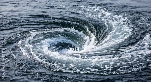 Powerful ocean whirlpool vortex with swirling water and foam