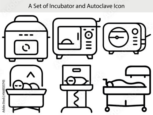 Incubator and autoclave medical equipment icons vector