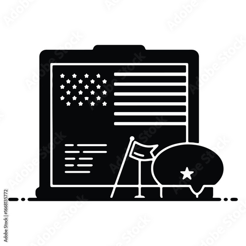 Patriotic Tablet Displaying American Flag with Speech Bubble and Vote Banner Symbolic of American Democracy and Political Discourse Black and White Illustration