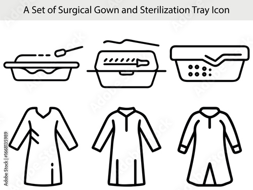 Surgical gowns and sterilization trays icon set medical equipment hospital supplies