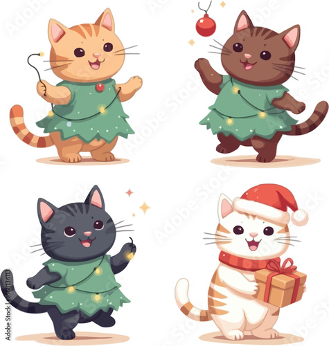 Cute Cartoon Cats Celebrating Christmas Festive Holiday Season Illustration