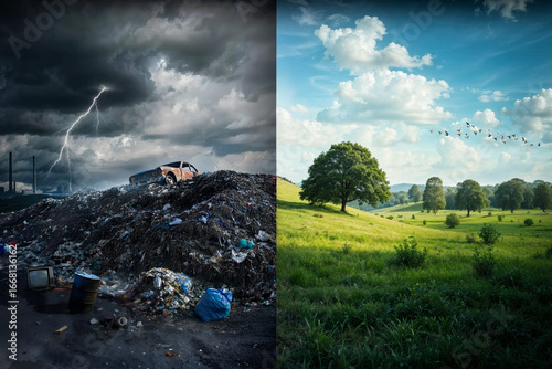 Sharp Contrast Between Plastic Waste Pollution and Green Nature, Environmental Concept