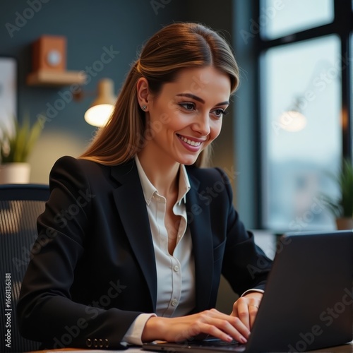 Portrait woman and typing in office with laptop for work as receptionist administrative support and professional female employee happy and email to confirm schedule and appointment planning Profe