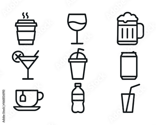 Minimalist line icons: coffee, wine, beer, cocktail, juice, tea, soda, water in black and white