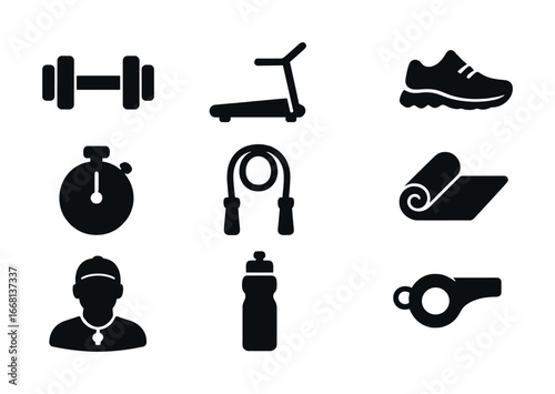 Collection of black fitness icons including dumbbell, treadmill, and stopwatch