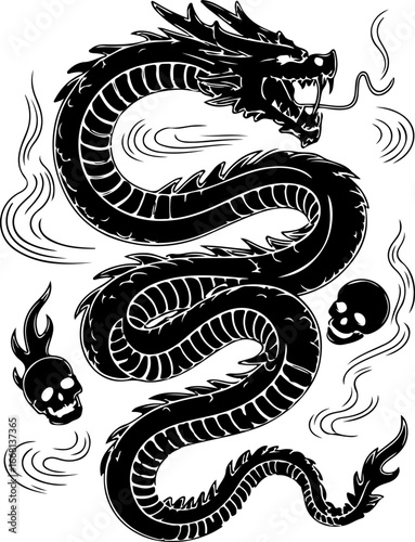Dragon and Skull Tattoo Design Vector