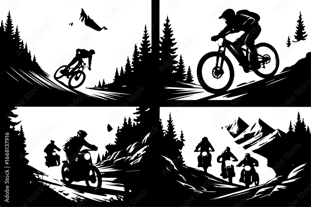 Fototapeta premium Mountain Biking Adventure Scenes Vector Bundle