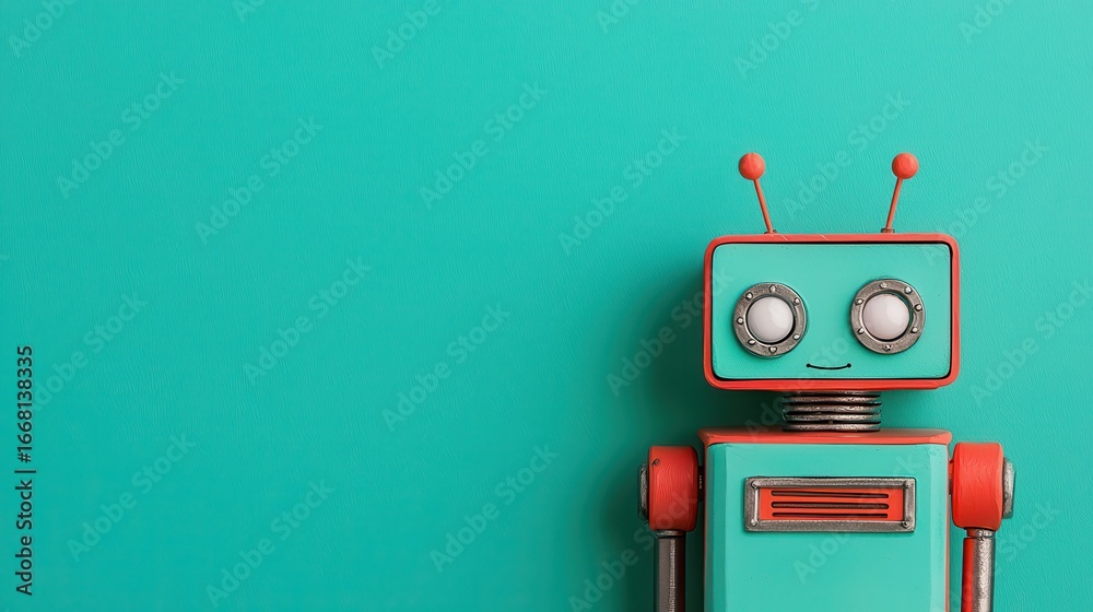 Fototapeta premium Expressive Animatronic Robot Concept. Vintage Robot Toy with Retro Design and Cheerful Expression Against a Bright Turquoise Background
