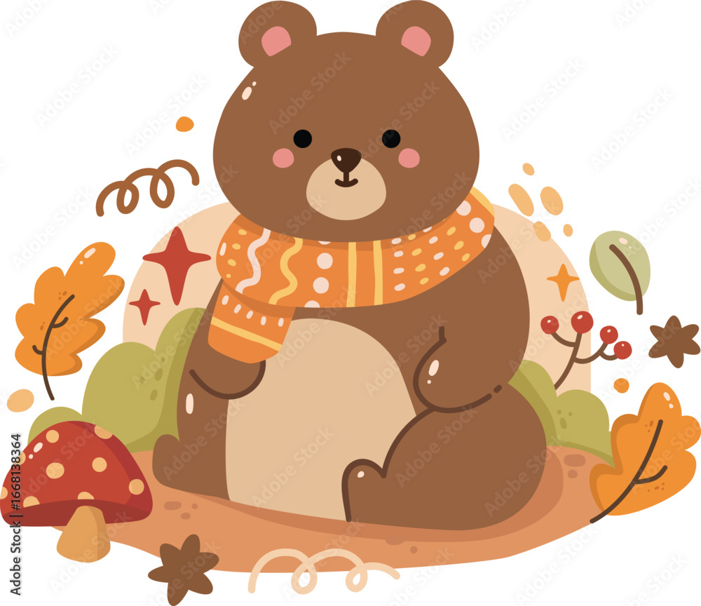 Obraz premium Cute Bear Autumn Leaf Animal Illustration