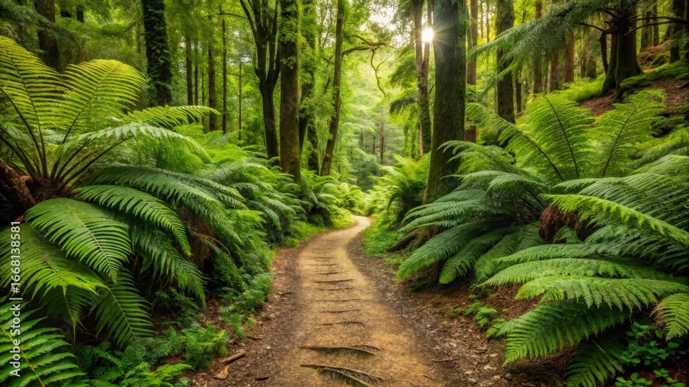Fototapeta premium Sunlit Path Through a Lush Fern-Filled Forest, Winding Gently Towards a Distant Light