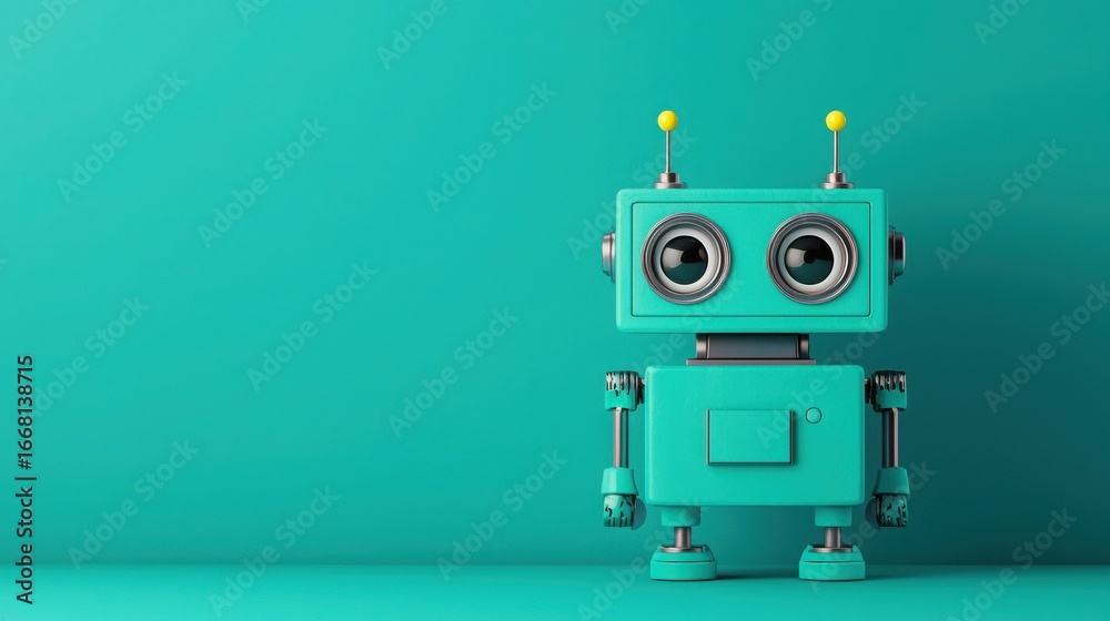Fototapeta premium Expressive Animatronic Robot Concept. Cute Retro Robot Toy on Bright Turquoise Background Perfect for Kid’s Room Decor and Tech Theme