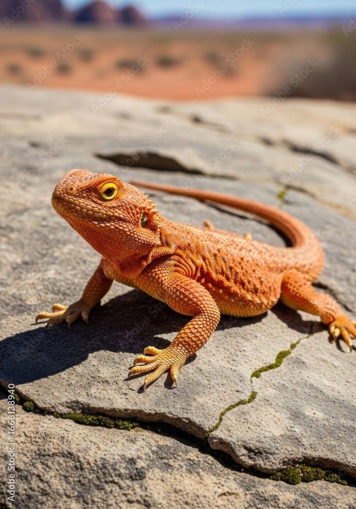 Obraz premium Bearded dragon basking on the rock in the arid landscape setting