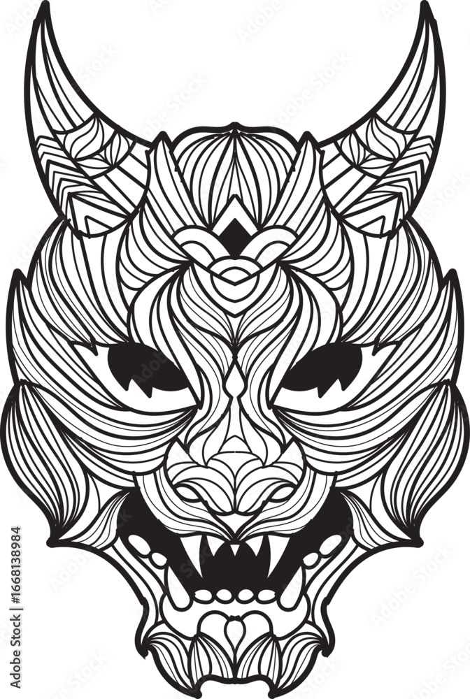Fototapeta premium Intricate black and white illustration of a stylized mythological mask with sharp fangs and prominent horns, featuring detailed flowing line patterns.
