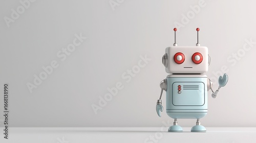 Expressive Animatronic Robot Concept. Cute retro robot character with red eyes and antennas, standing on a clean white background