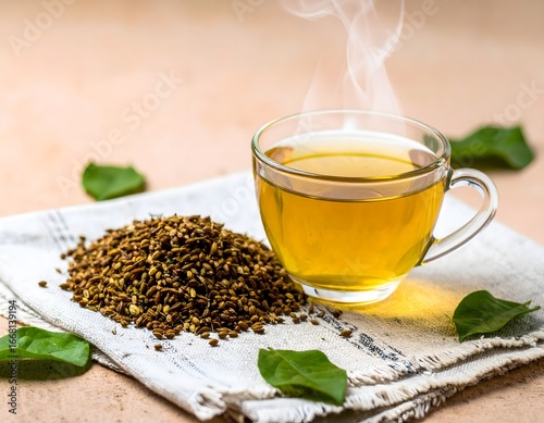 Professional still-life of carom (ajwain) seeds beside a glass cup of herbal ajwain tea with soft rising steam on a neutral linen cloth, accented with scattered green leaves; golden brown seeds (herb)