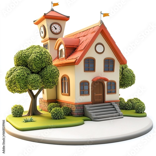 Playful and bright 3D schoolhouse rendered in cartoon style, standing alone on clean white background. Ideal for use in back to school campaigns, preschool flyers or animated explainer videos