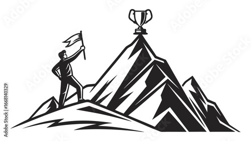 Man on mountain peak holding flag with trophy at the top in black and white illustration style