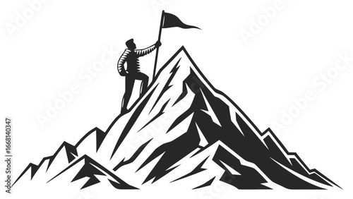 Silhouette of a climber reaching the mountain peak and planting a flag on the top of the summit