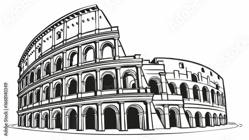 Illustration of the colosseum with arches and detailed line work in black and white coloring style