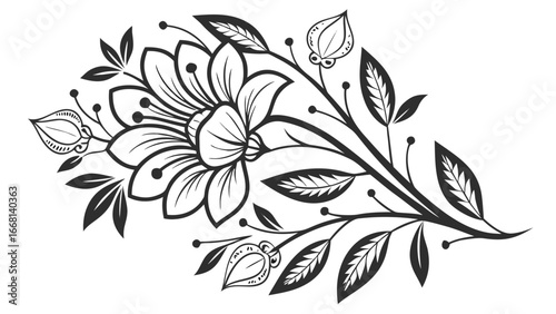 Detailed floral arrangement with a large central flower and stylized leaves and buds design art