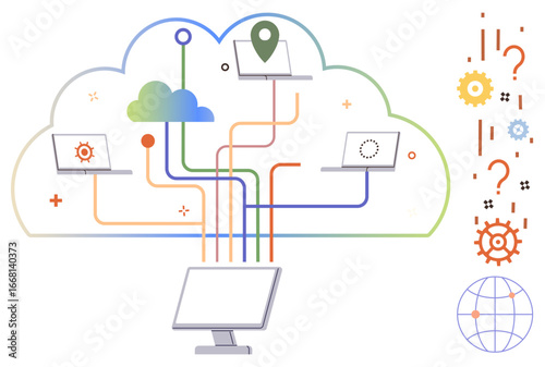Cloud network connecting desktop, laptops, and icons via colorful paths. Ideal for technology, data sharing, IT systems, remote work, global connectivity, cloud services simple flat metaphor
