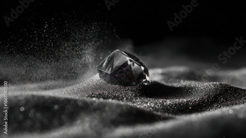 Sparkling dark jewel on textured matte surface in a dark, atmospheric background