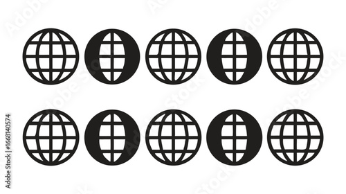 Collection of global earth icons showing continents and meridians in a row for digital and print applications