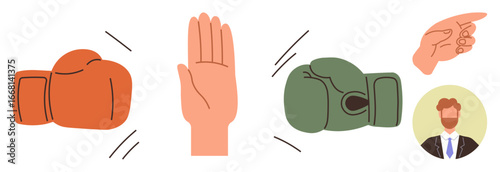 Orange and green boxing gloves clash, open hand stops conflict, pointing hand signals authority, profile of man in suit. Ideal for conflict resolution, communication, leadership, negotiation