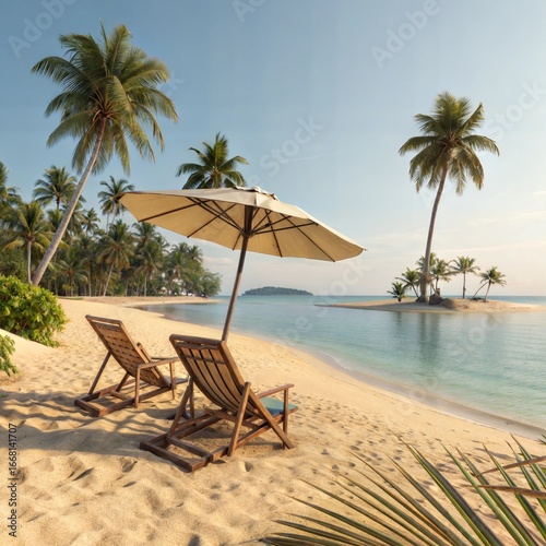 Wallpaper Mural Deckchairs And Parasol With Palm Trees In The tropical Beach Torontodigital.ca