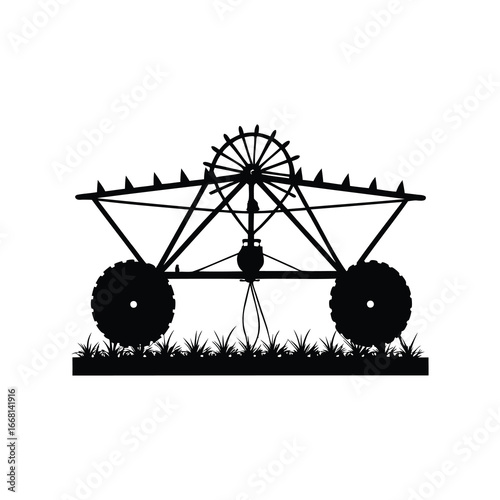 Silhouette of a center pivot irrigation system in the field drawing, farm irrigation system illustration silhouette