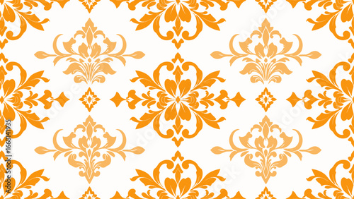 Golden Damask Wallpaper: Luxurious and opulent, this high-resolution image showcases an intricate damask pattern in rich golden hues on a deep orange