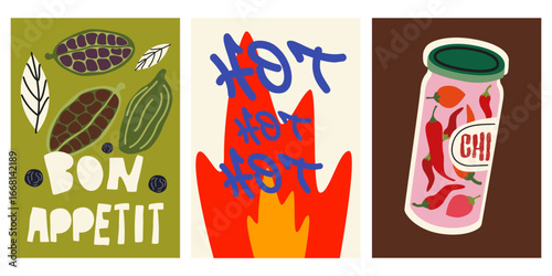 Abstract bright posters set in cartoon groovy style. Decor for wallpaper, walls and postcards. Vintage home posters. Cardamom spices, red chilli peppers