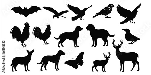 Collection of Black Animal Silhouettes Including Birds Dogs Deer Bat Butterfly white background