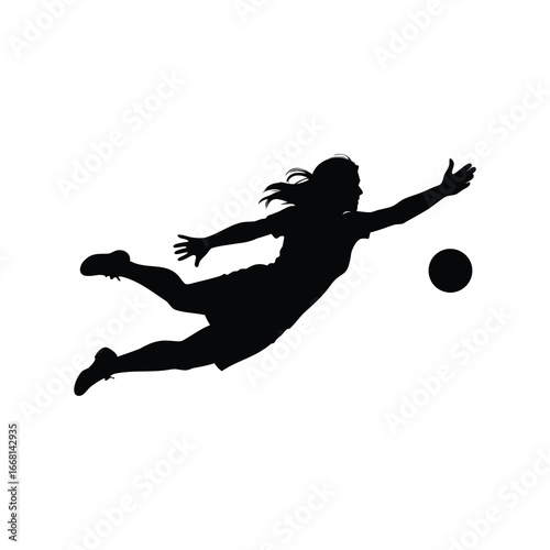 A female soccer player diving for the ball in a silhouette shot, female goalkeeper diving to save illustration silhouette