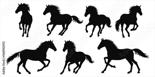 Collection of seven black horse silhouettes in various running poses horses galloping