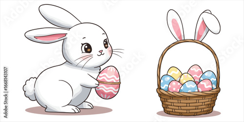 Cute cartoon white bunny holding Easter egg next to basket of eggs rabbit